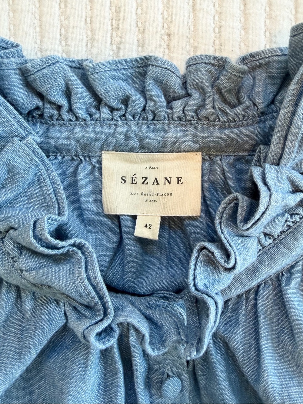 Sezane Charlotte Ruffle Neck Chambray Denim Tank Top - Picture 5 of 7